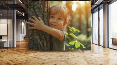 net zero and carbon neutral concept. child hugging a tree in the outdoor forest. global problem of c Wall mural