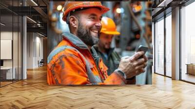 Smiling construction workers looking at a smartphones or a tablet at a construction site. workers looking at the computer camera talking to other coworkers remotely Wall mural