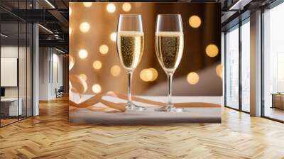 two champagne glasses in on table with bokeh light background Wall mural