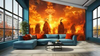 Under the fiery skies of the American Southwest, Native American tribes perform sacred dances, honoring the spirits of their ancestors and the land. Wall mural