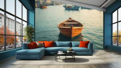 Vibrant Coastal Harbor: A Detailed Snapshot of Wooden Boats and Fishermen in Action Wall mural