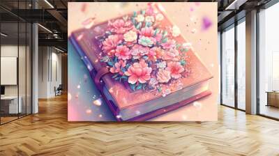 Watercolor painting memory book with splash flower.Generative AI Wall mural