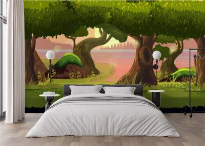 forest game background 2d  application. Vector design. Tileable horizontally. Size 1024x512. Ready for parallax effect Wall mural