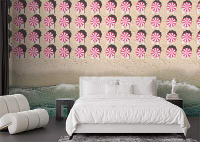 aerial top view on the beach with lots of beach umbrella. 3D rendering Wall mural