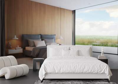 modern bedroom in a apartment with view. 3d rendering Wall mural