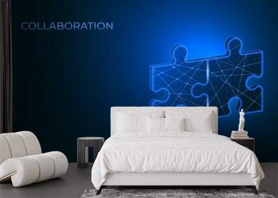 Merging puzzles. Concept for collaboration, integration and cooperation. Vector illustration in low poly style. Wall mural