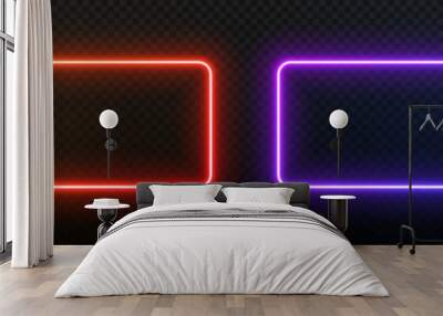 Neon light rectangle frame. Led glow of border. Laser banner with text. Electric fluorescent geometric shape on a black background. Elements for design of signs, parties and buttons. Wall mural