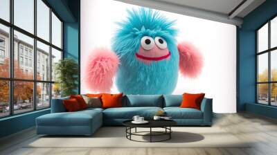 , an animated hairy beast creature moving or dancing, isolated on a white backdrop. soft toy. Bright pink and blue hairy monster. Generative AI Wall mural