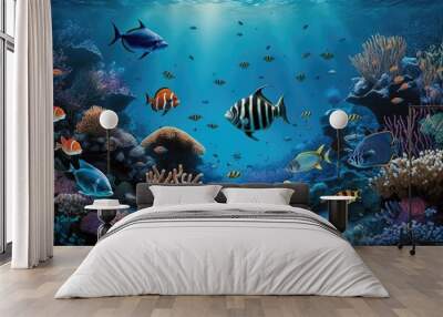 16 9 widescreen background of a coral reef in the ocean, teeming with tropical fish and other sea life. Generative AI Wall mural