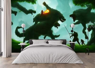 2d digital illustration environment design concept of fantasy fictional adventure traveler warrior solider fighting with evil giant aggressive warg creature monster in deep forest battle field. High Wall mural