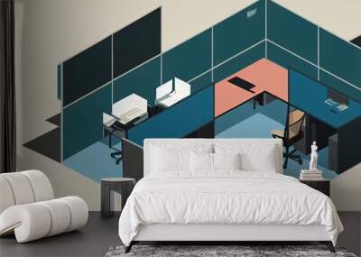 2d illustration isometric low poly office room with cubicle workplace Wall mural