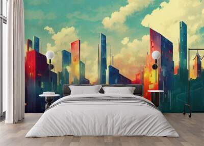 2d stylised painting like illustration of Freetown abstract city high quality abstract 2d ilustration. Wall mural