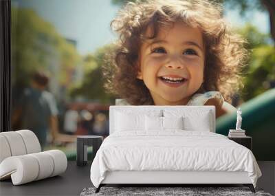 3-year-old girl enjoying outdoor summer activities on a playground. Wall mural