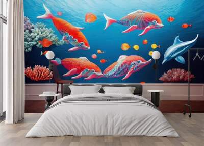 3d wallpaper Colorful fish with corals in the sea and dolphins Wall mural