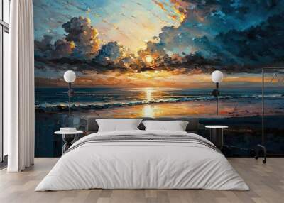 A beach and the water in an original oil painting. sunset across the ocean, rich with gold. Impressionism in the Modern Era. Generative AI Wall mural