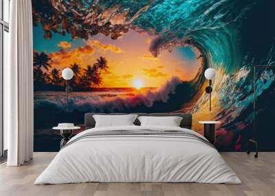 A beautiful tropical sunset as a backdrop. Colorful ocean wave crashes to shore next to palm tree. Generative AI Wall mural