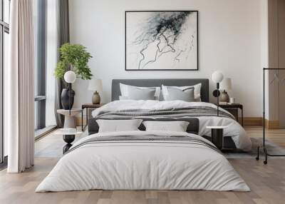 A black potted plant is placed in a luxurious, white bedroom with ample space. The room features a wooden bed frame with an intricately designed headboard, positioned against a wall adorned with a Wall mural