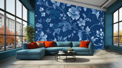 A blue background is beautifully adorned with a seamless floral pattern in this wallpaper design Wall mural