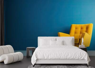 A bright yellow armchair is situated in a blue room that is unoccupied and has a blue floor. the minimalist idea. a mockup Generative AI Wall mural