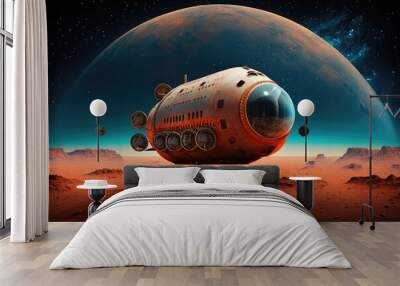 A cargo spaceship with MARS in the distance. The study of the cosmos and the mentalization of outer space. Settling Mars. Wall mural