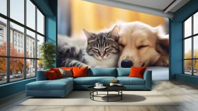 A cat and a dog peacefully sleeping beside each other. A young kitten and puppy curling up together for a nap. Household pets resting. Taking care of animals. Affection and companionship. Domesticated Wall mural