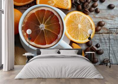 A ceramic cup filled with steaming hot coffee sits amidst vibrant oranges and aromatic coffee beans. The contrast of the rich, dark coffee against the bright citrus fruits creates a visually appealing Wall mural