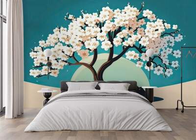 A clear spring sky and a blooming cherry tree. Cherry blossom tree illustration with blank copy area. Generative AI Wall mural