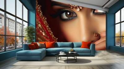 A close up shot of a makeup artist applying eyeliner to a traditional Indian bride With copyspace for text Wall mural