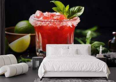 A closeup shot of a classic cocktail, a sweet lemon drink, in a glass placed on a table. The vibrant red liquid stands out against the tableware backdrop, showcasing the refreshing fruit ingredient Wall mural