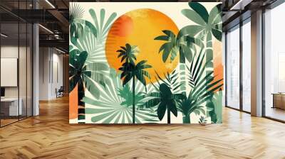 A continuous representation of an abstract jungle. Tropical paradise with palm trees and orange sun. Hand-drawn illustration. Generative AI Wall mural