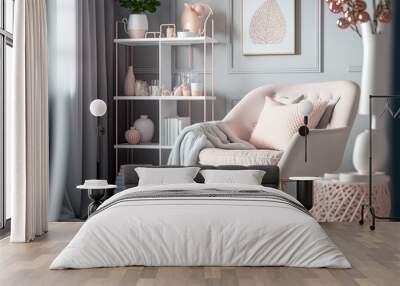 A cozy chair in powder pink is close to a shelf holding firewood in a bedroom decorated in soft pastels with elegant glass vases. Generative AI Wall mural