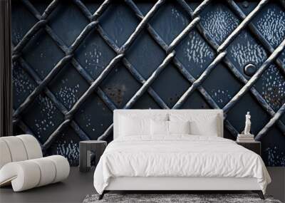 A detailed closeup of a chainlink fence on a dark background, showcasing the intricate mesh pattern of the wire fencing in electric blue metal Wall mural