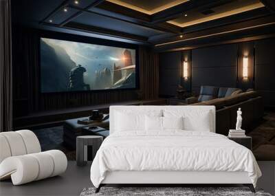 A home entertainment system with dim lighting, grey furniture, a spacious projection screen, and the option to enjoy popcorn. Wall mural