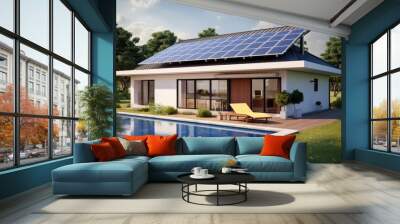 A home located in a suburban rural area that is equipped with solar panels on its rooftop. These panels generate clean and sustainable electricity, making the house self-sufficient and independent. Wall mural