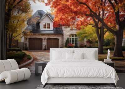 A home located in the suburbs of Dallas-Fort Worth in North America, featuring an attached garage and being a single-detached dwelling. The surrounding area showcases vibrant autumn foliage. Wall mural