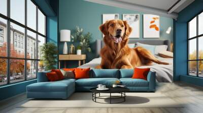 A joyful ginger mixed breed dog with vibrant fur is happily resting in a stylish Scandinavian themed bedroom decorated with bright colors. The room features a spacious king size bed and is suitable Wall mural