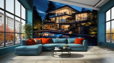 A lavish residence illuminated in the nighttime situated in Vancouver, Canada. Wall mural