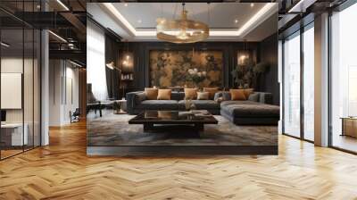 A luxurious mansion's modern oriental style living room features a cozy grey sofa couch, antique porcelain, a traditional wooden table, artwork, a black marble floor, layer curtains, and the words Ho Wall mural