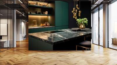 a luxury kitchen with a dark green wall in the corner. Wall mural