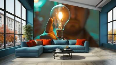 A man is pointing at a light bulb Wall mural