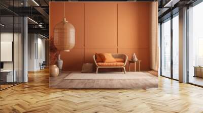 A modern, orange toned, wooden living room, lounge, and waiting area with a booth and chair made of rattan. Parquet flooring, decorations, and a vase with straw ears. Mockup of a frame, interior desig Wall mural