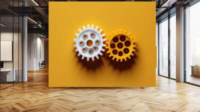 a modern basic management, team, process, or industry concept flat lay top view from above, two white gears or cogwheels on a yellow background with copy space,. Generative AI Wall mural