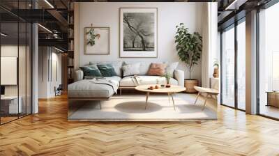 A modern Scandinavian home interior design characterized by its aesthetics. The elegant living room features a comfortable sofa, midcentury furniture, a cozy carpet, wooden flooring, white walls, and Wall mural