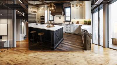 A new luxury home's traditional kitchen features a farmhouse sink, hardwood floors, wood beams, a huge island, and quartz counters. Generative AI Wall mural