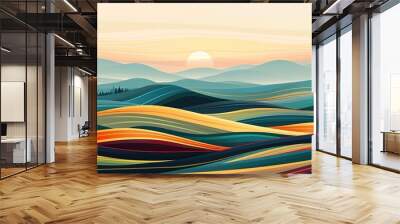 A painting depicting a landscape with abstract lines and curves, showcasing mountains and hills in the background under a summer sunset sky. Wall mural