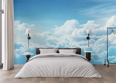 A picturesque natural landscape with a clear blue sky filled with fluffy white cumulus clouds, creating an atmospheric phenomenon in the electric blue horizon Wall mural