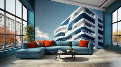 A portion of a contemporary, opulent residential building idea. A contemporary residential complex under a blue sky on a beautiful day. Generative AI Wall mural