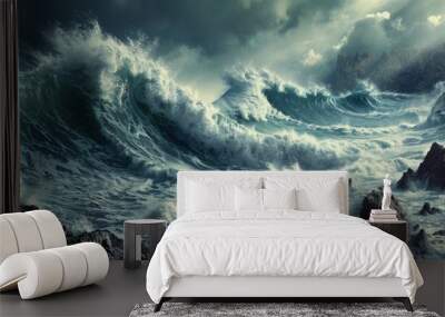 A powerful wind wave crashes against the rocky shore under a cloudy sky, creating a dramatic natural landscape with a horizon of turbulent water Wall mural