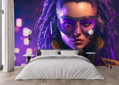 A realistic portrait of a cyberpunk sci fi girl wearing a cybersuit. futuristic, high tech man from the future. cyberpunk and the idea of virtual reality. Illustration. Generative AI Wall mural