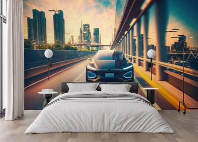 a self driving autonomous vehicle traveling along a city highway. Software Sensor Scanning the Road Ahead for Vehicles, Danger, and Speed Limits VFX Visualization Concept. day urban drive frontal per Wall mural